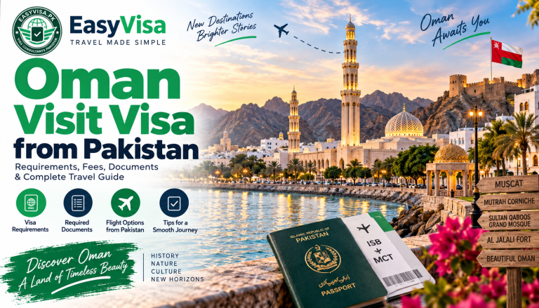 Oman visit visa from Pakistan guide featured image with Easy Visa logo