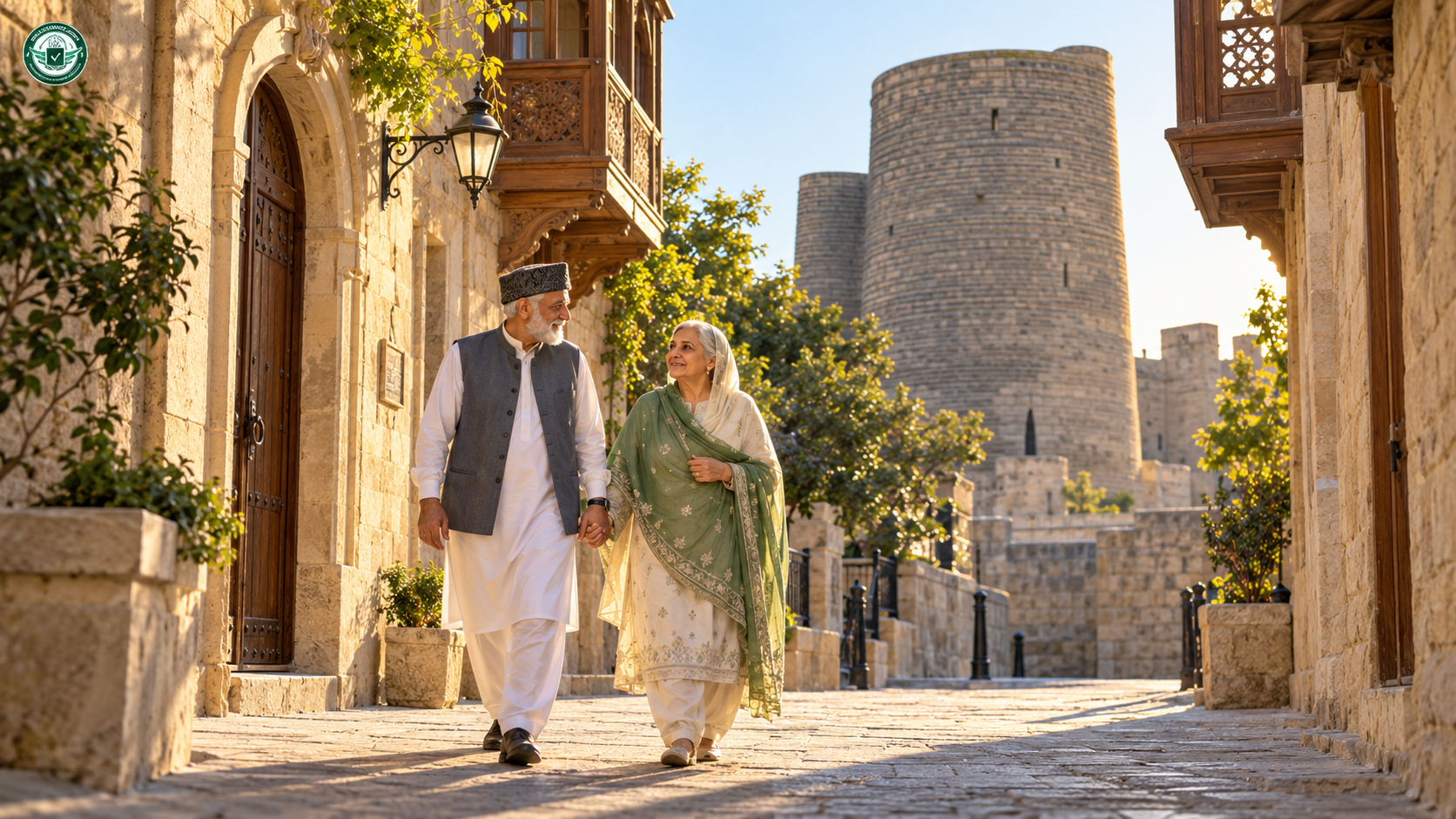 Maiden Tower and the stone lanes of Icherisheher Old City in Baku at early morning