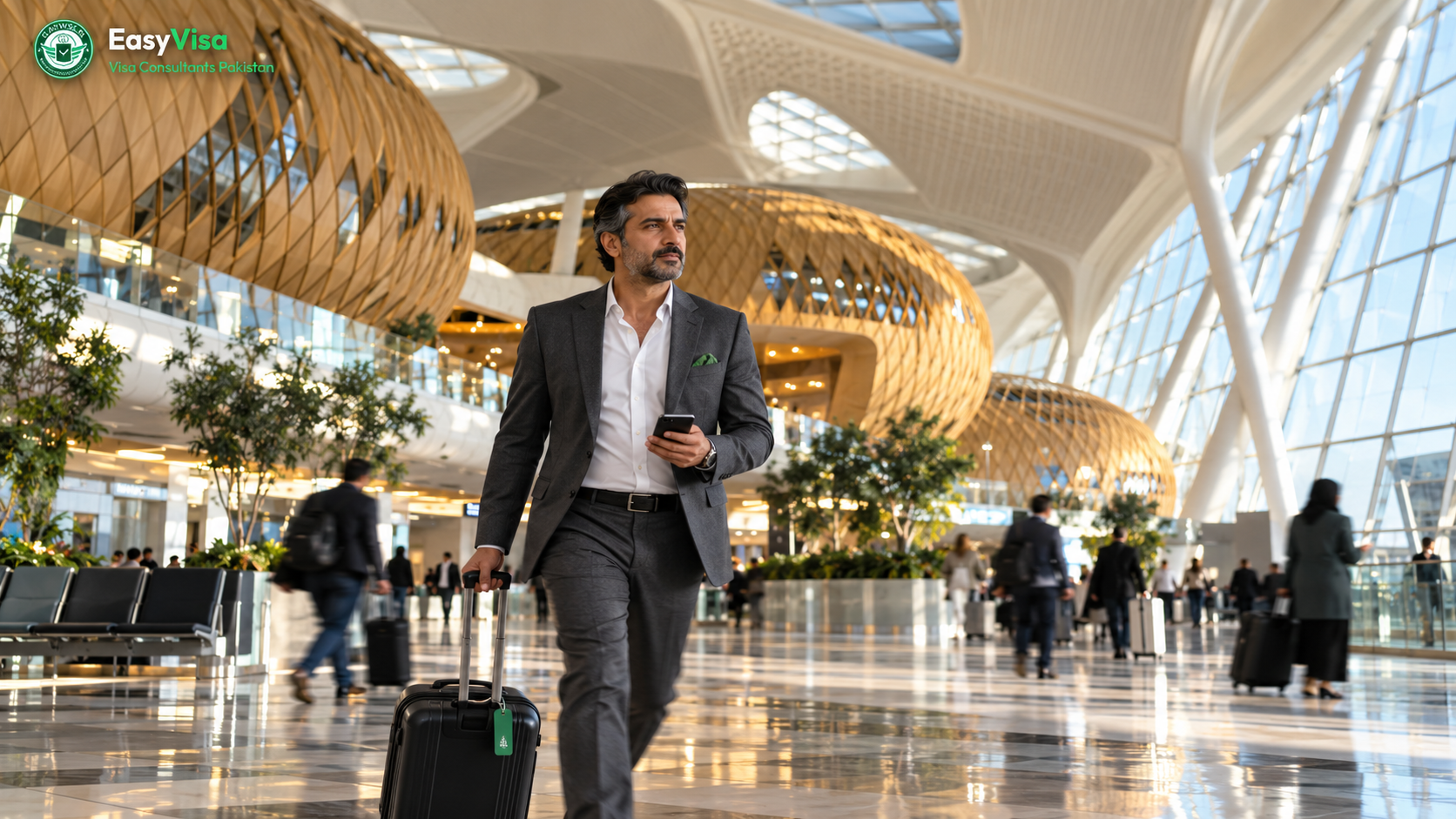 Pakistani business traveller walking fast through the wooden cocoon halls of Baku Heydar Aliyev International Airport on an urgent trip