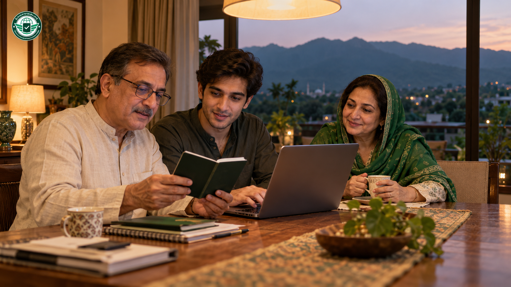 Pakistani family in Islamabad filling in the ASAN Visa application together, father reading details from his passport