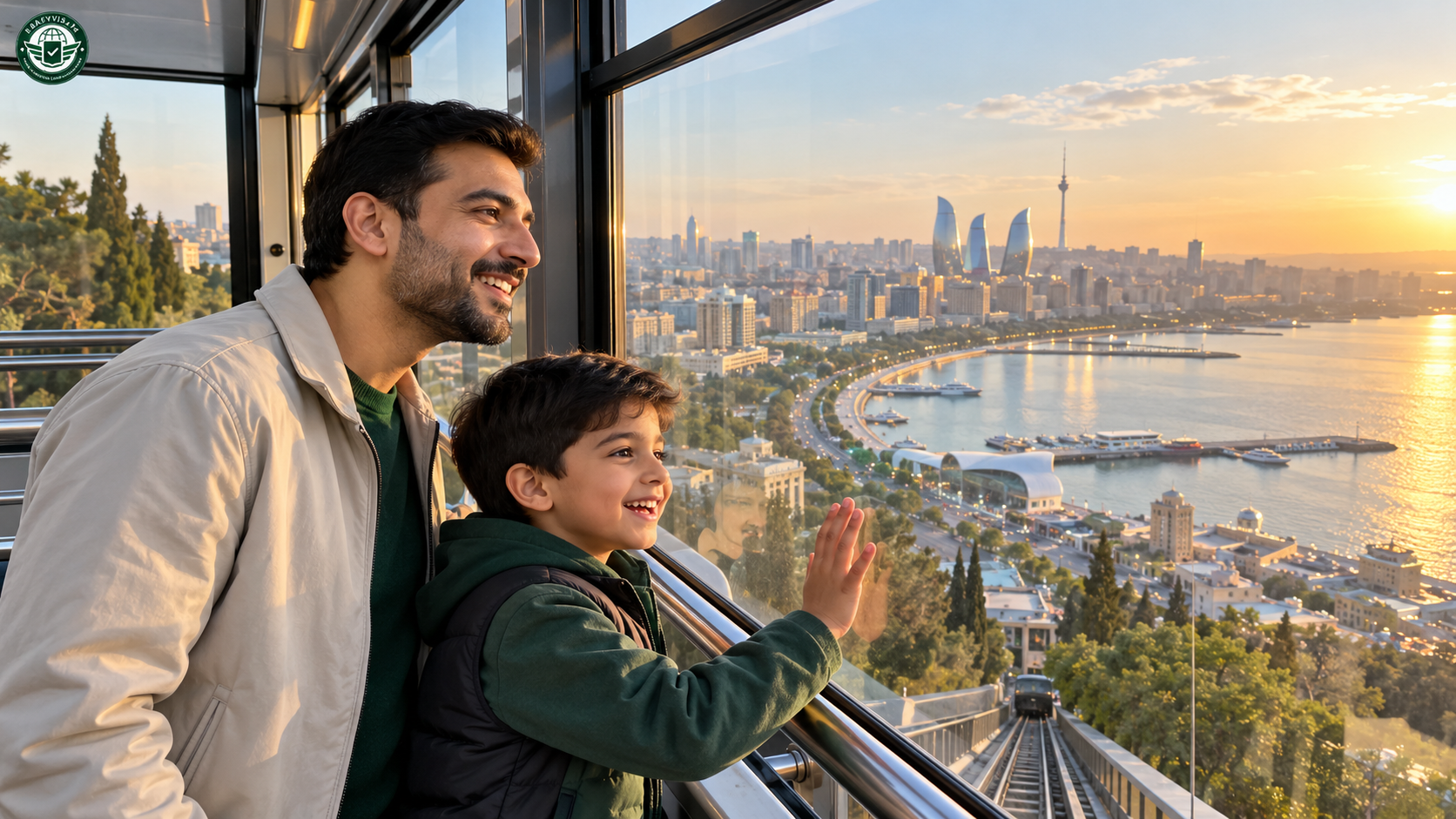 Pakistani father and son from the Gulf riding the Baku funicular up to Highland Park above the Caspian bay