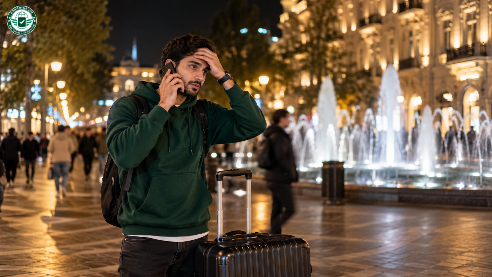 Pakistani traveller with a suitcase making a phone call at Fountain Square in Baku at night after an e-visa problem