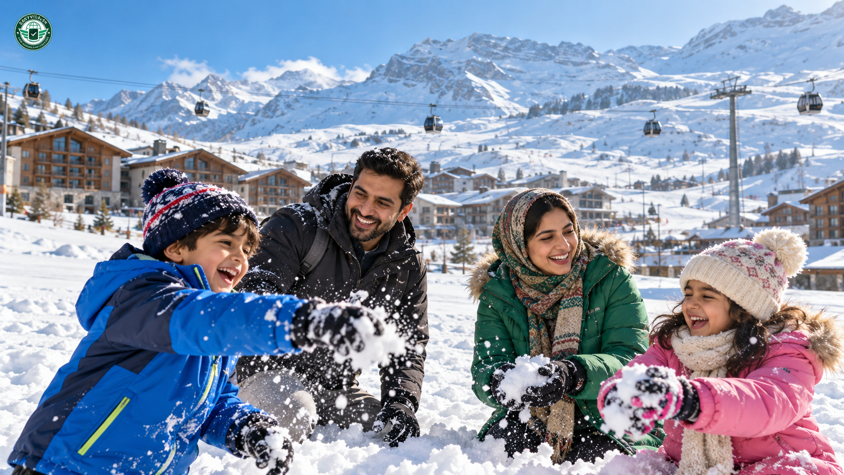Snowy Shahdag mountain resort in northern Azerbaijan with a Pakistani family in winter jackets