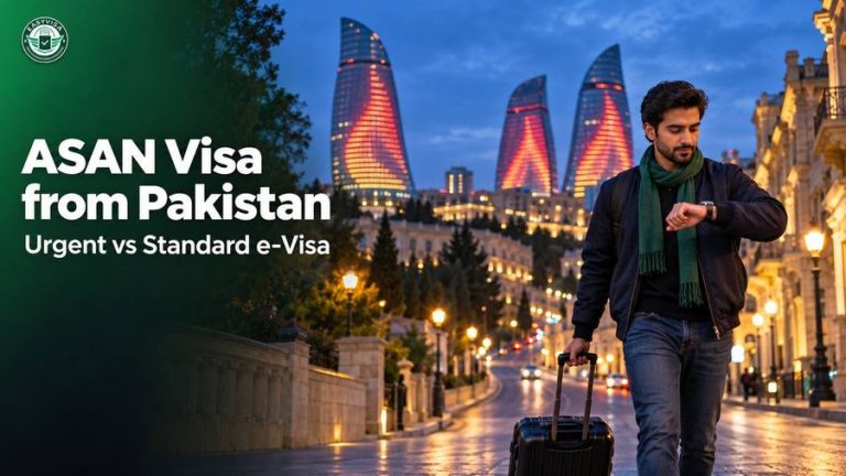 ASAN Visa from Pakistan - Pakistani traveller below the Flame Towers in Baku, urgent vs standard Azerbaijan e-visa guide