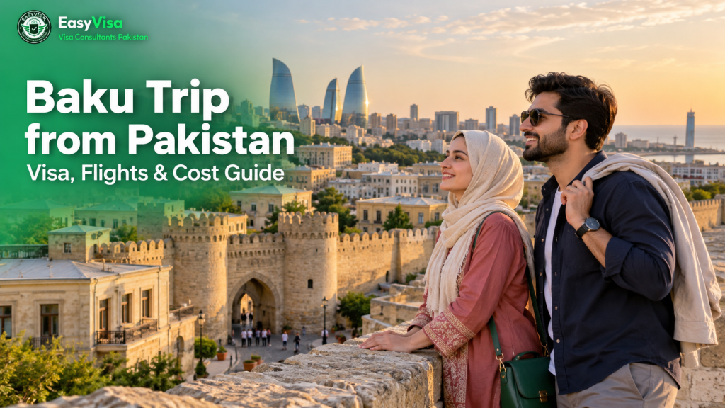 Baku trip from Pakistan - young Pakistani couple on the Old City walls by the Double Gates in Baku at golden hour, visa, flights and cost guide