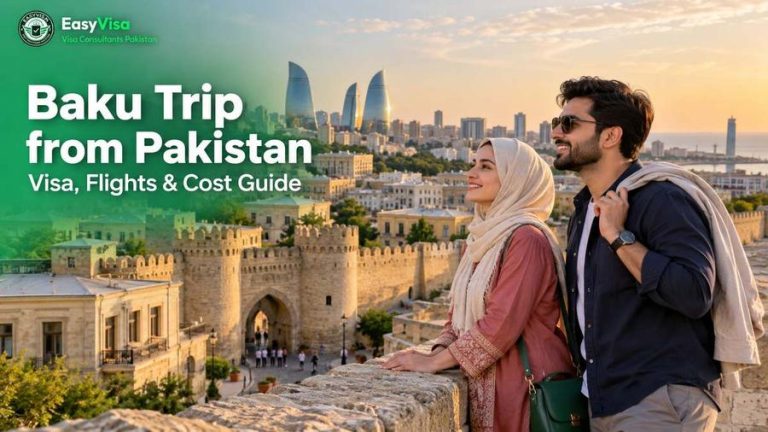 Baku trip from Pakistan - young Pakistani couple on the Old City walls by the Double Gates in Baku at golden hour, visa, flights and cost guide