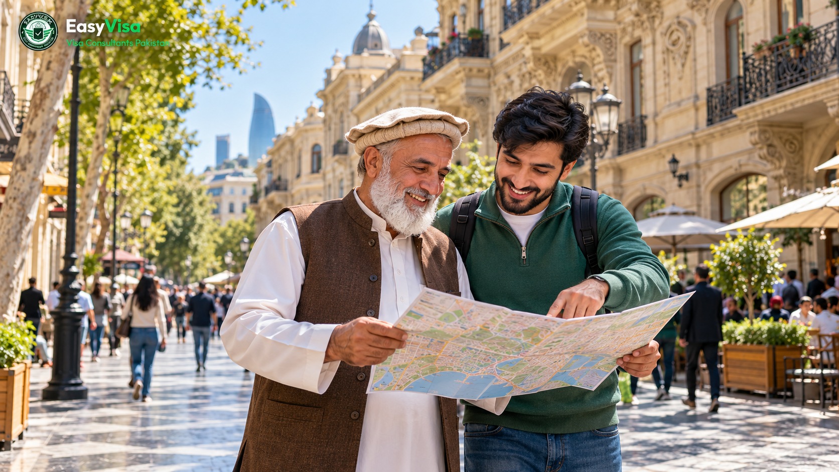 Pakistani father and adult son reading a paper map on Nizami Street in central Baku on a sunny day