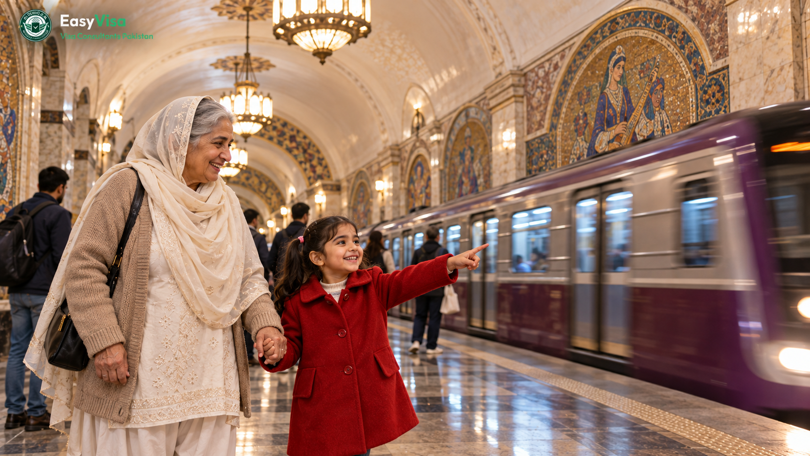 Pakistani grandmother and granddaughter waiting on an ornate Baku Metro platform as a train arrives