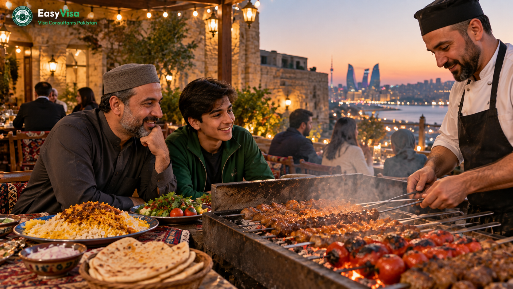 Pakistani father and son watching lamb kebabs on a mangal grill at a family restaurant in Baku