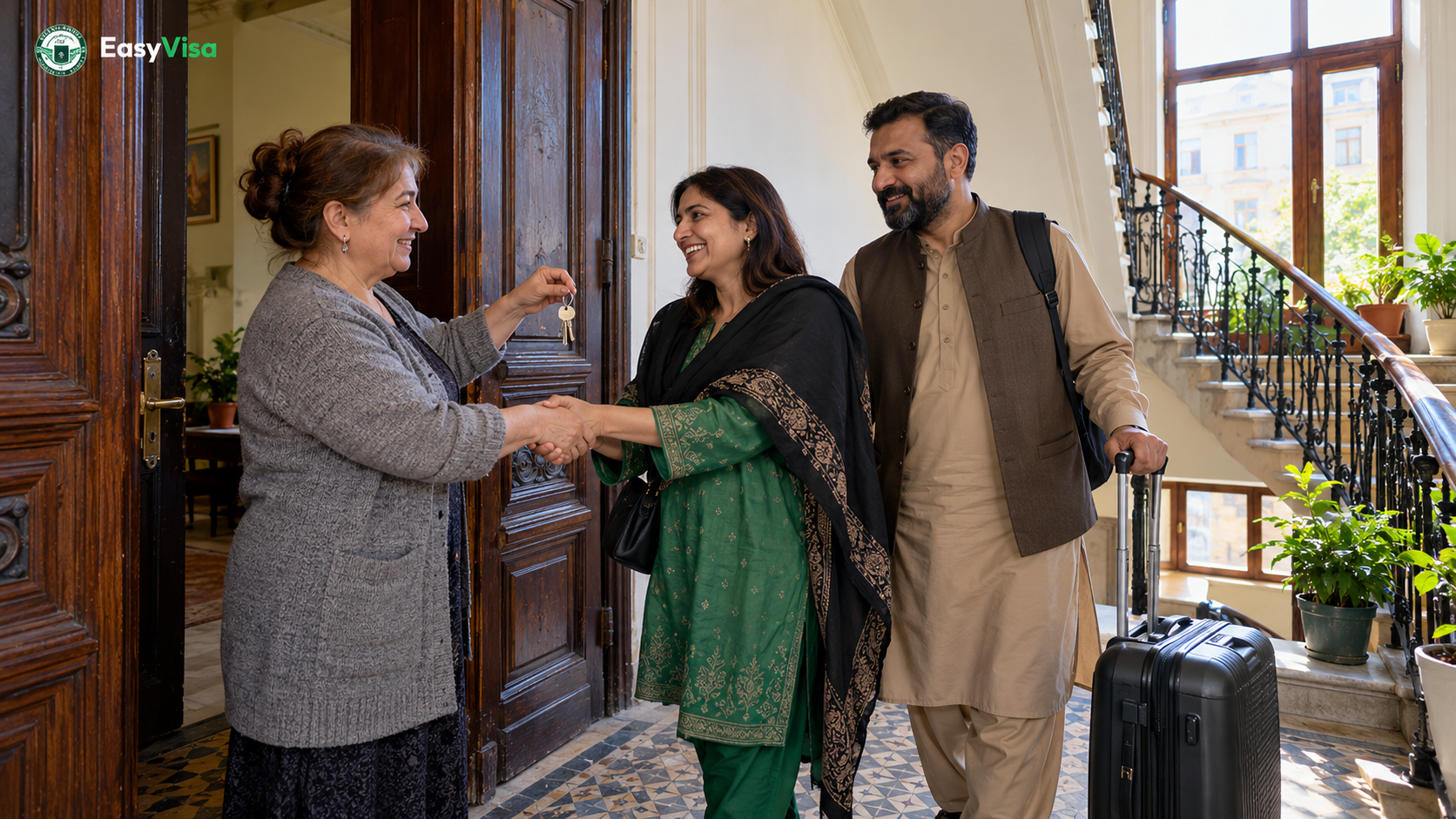 Apartment host handing keys to a Pakistani couple at the door of a rented flat in Baku for a longer stay