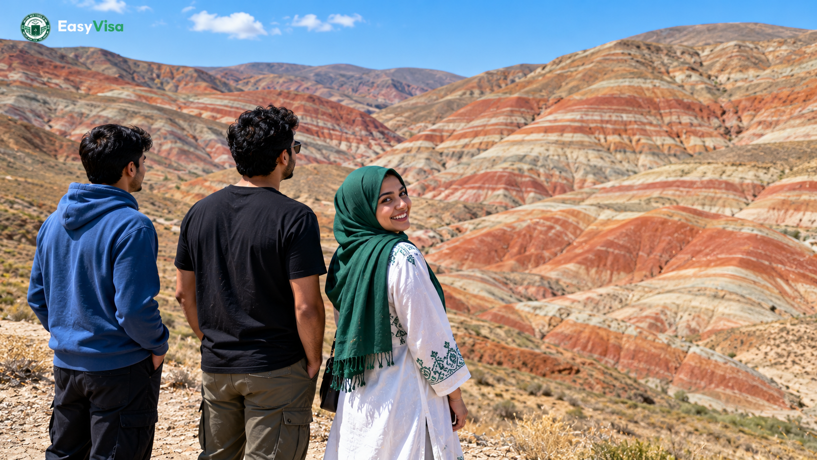 Three Pakistani siblings at a viewpoint over the striped red and white Candy Cane Mountains in Khizi, Azerbaijan