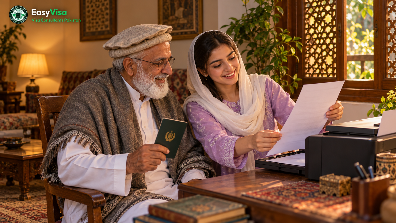 Pakistani grandfather and granddaughter printing an Azerbaijan e-visa at home in Peshawar before a Baku trip