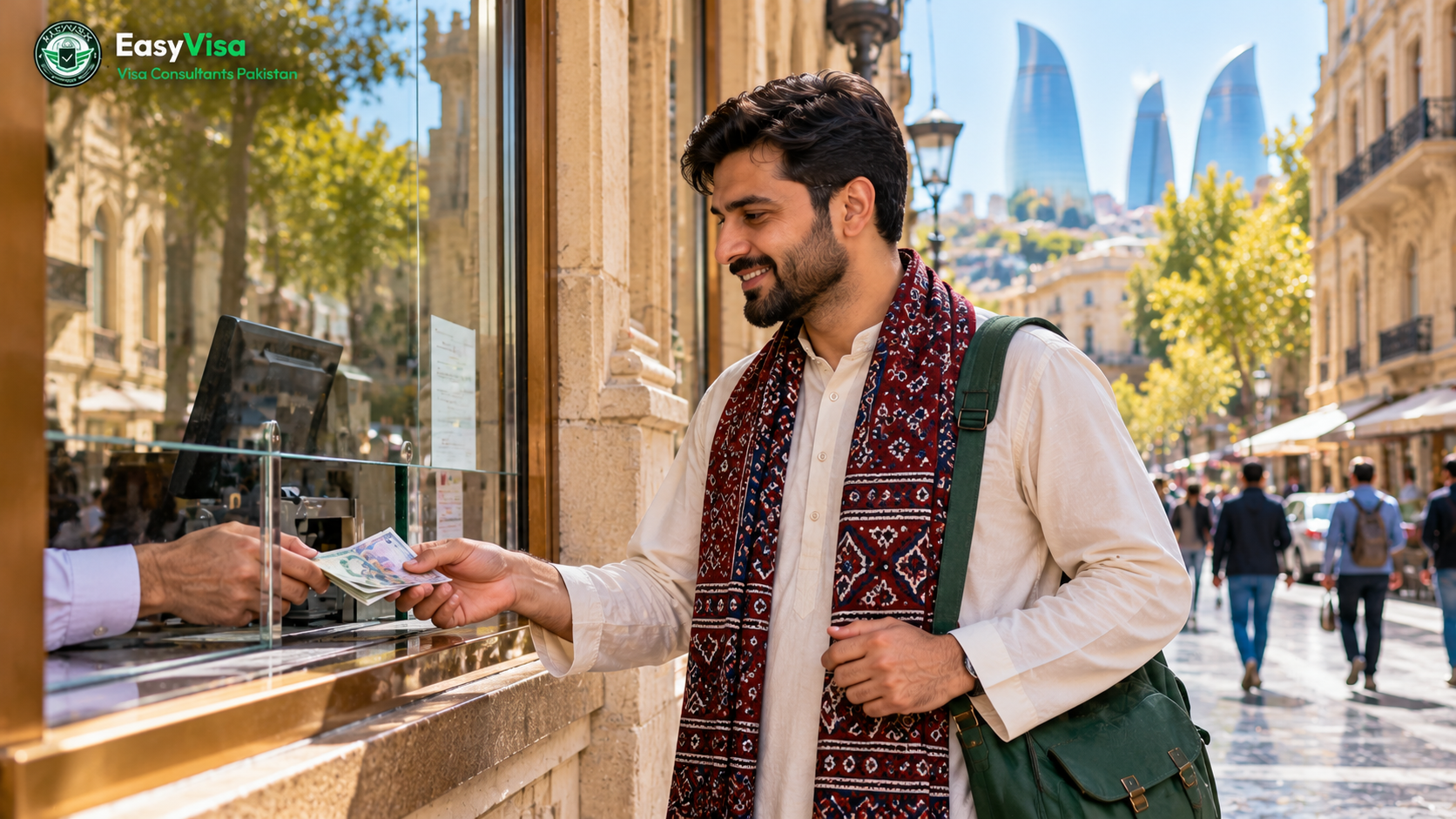 Pakistani traveller exchanging money at a currency exchange window on a Baku street for Azerbaijani manat