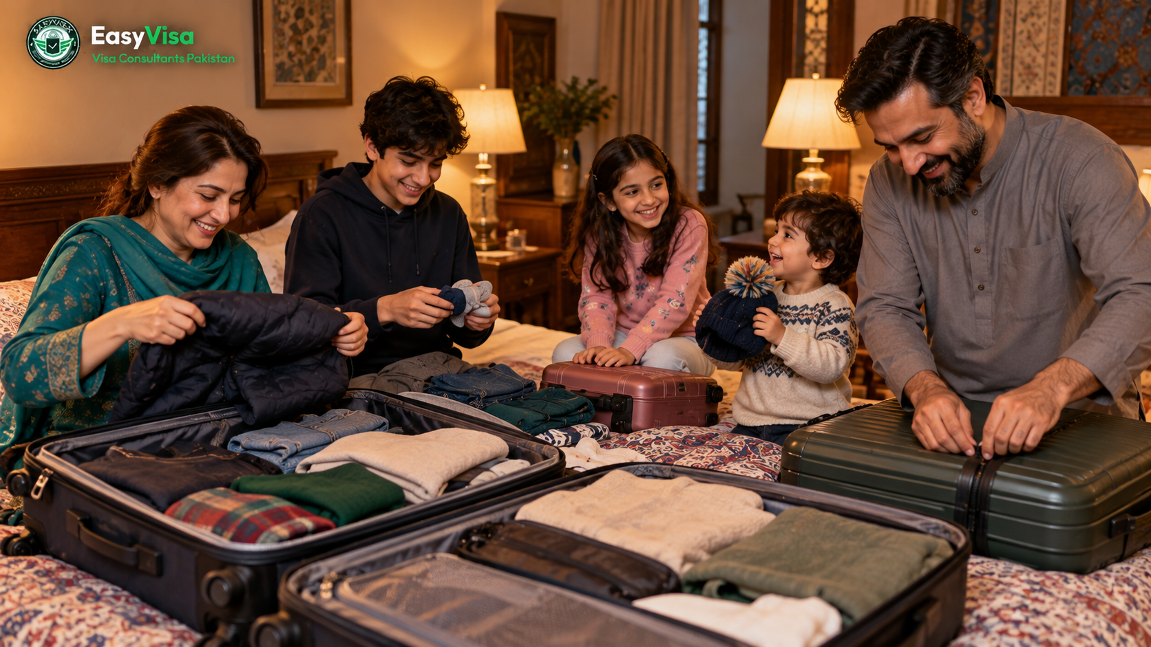 Pakistani family packing suitcases and warm jackets at home in Lahore the night before a flight to Baku