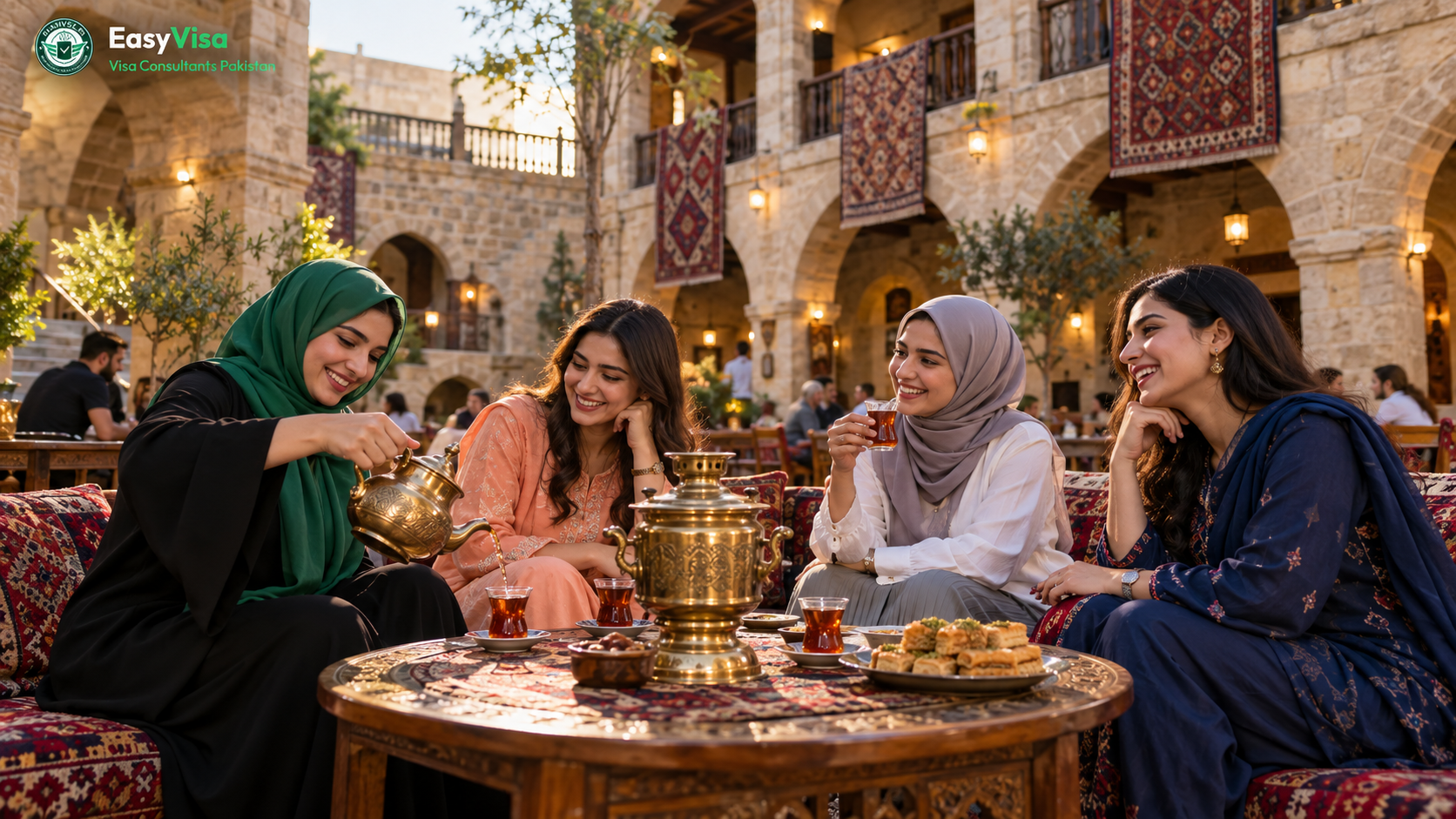 Four young Pakistani women sharing tea from a samovar in a Baku Old City caravanserai courtyard