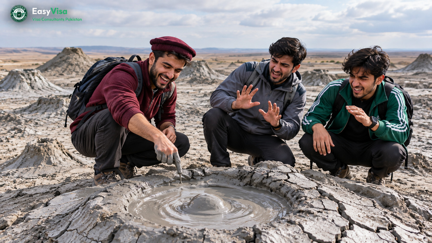 Three young Pakistani friends laughing beside a bubbling mud volcano near Baku on a day trip