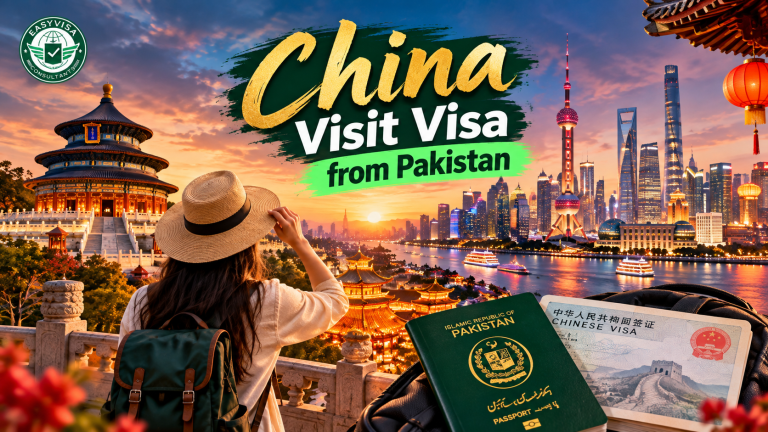 China visit visa from Pakistan, skyline and Pakistani passport, Easy Visa featured image