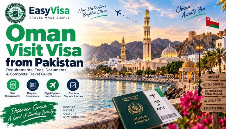 Oman visit visa from Pakistan guide featured image with Easy Visa logo
