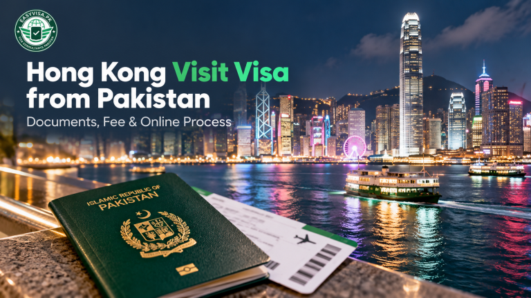 Hong Kong visit visa from Pakistan featured image with Victoria Harbour skyline and Pakistani passport - Easy Visa