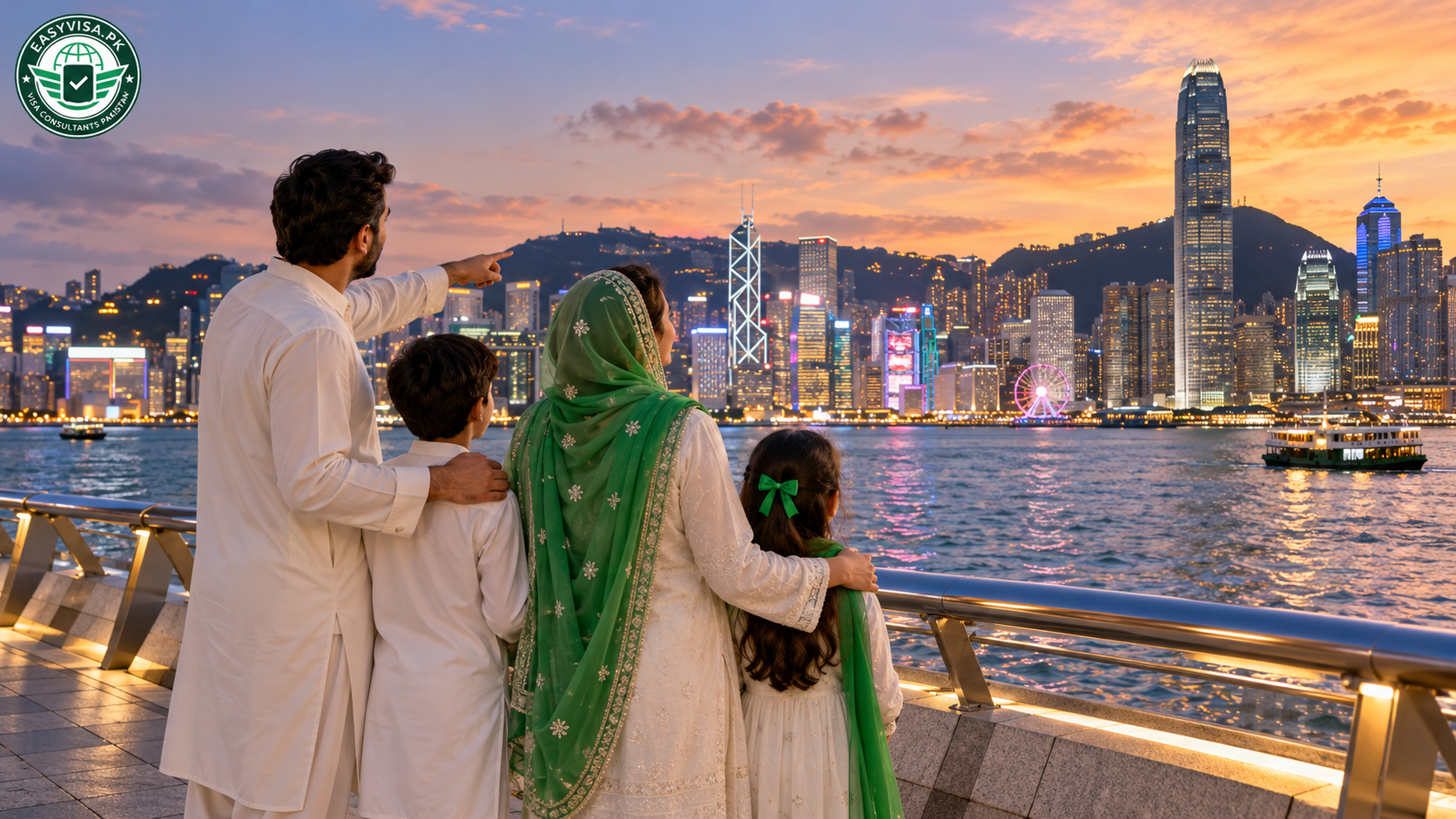 Pakistani family on Tsim Sha Tsui promenade overlooking Hong Kong Island skyline at dusk