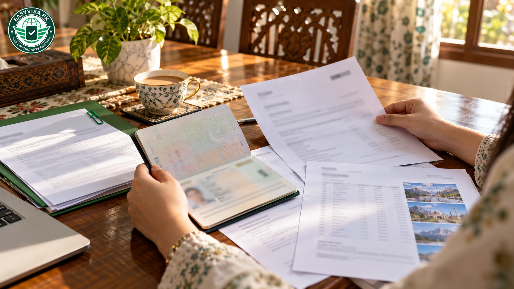 Passport, bank statements, employment letter and travel itinerary prepared for a Hong Kong visa application