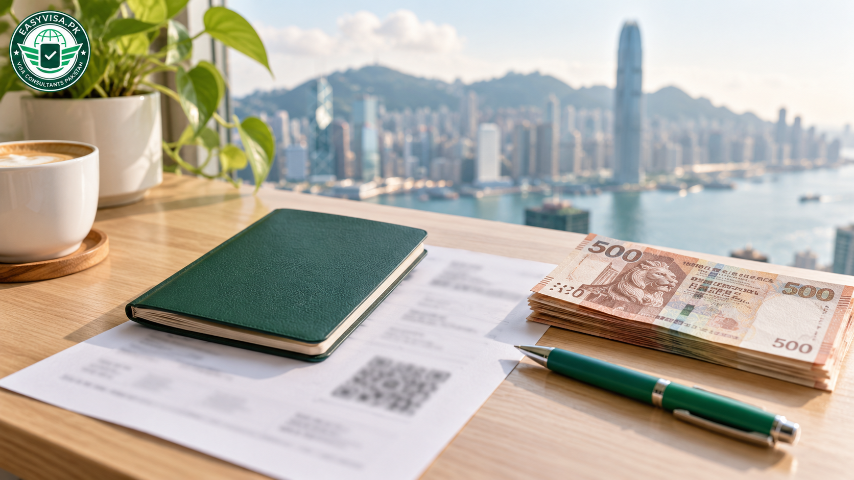 Hong Kong e-Visa printout with QR code, passport and HKD notes illustrating fee and processing