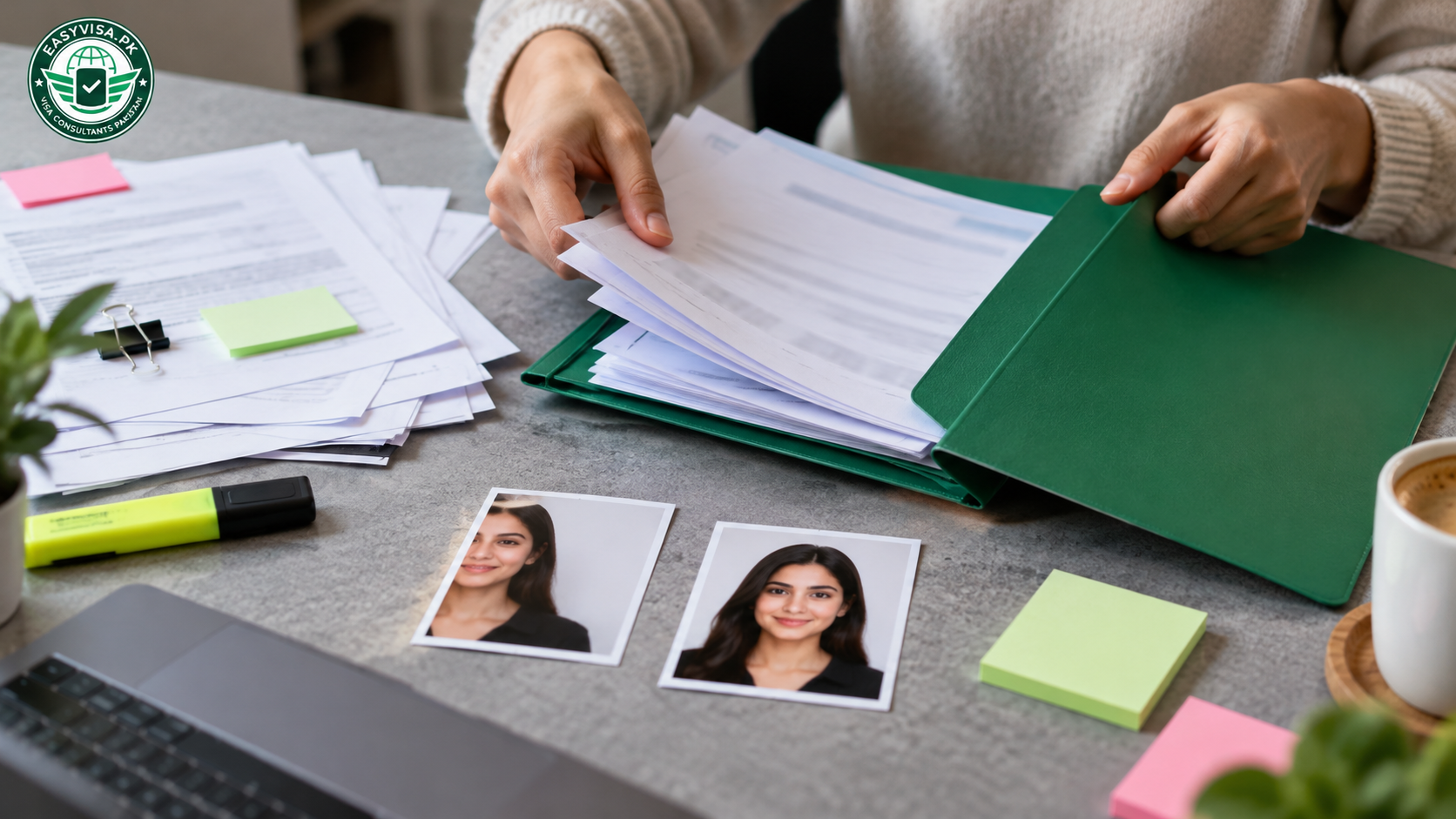 Traveller reorganising a messy Hong Kong visa document pile into a neat folder
