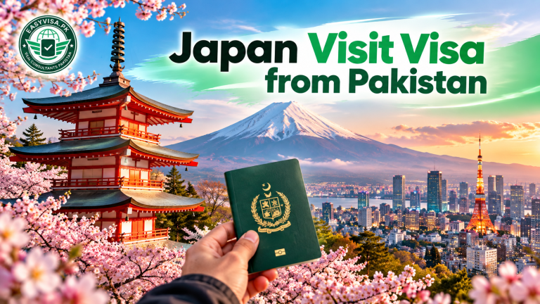Japan visit visa from Pakistan, Mount Fuji pagoda and Pakistani passport, Easy Visa featured image