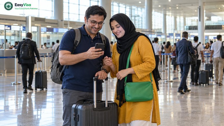 Kenya visa for Pakistani travellers - Pakistani couple showing their approved Kenya eTA on a phone at the arrivals hall of Jomo Kenyatta International Airport, Nairobi