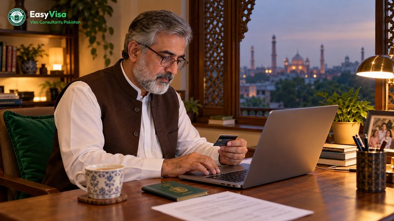 Pakistani man in a Lahore home office paying the Kenya eTA fee by card on a laptop, with his green passport and a printed hotel booking on the desk