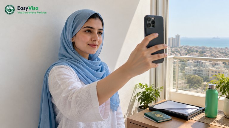 Pakistani woman in a Karachi apartment taking a selfie for her Kenya eTA application against a plain white wall, with her passport and documents on a side table