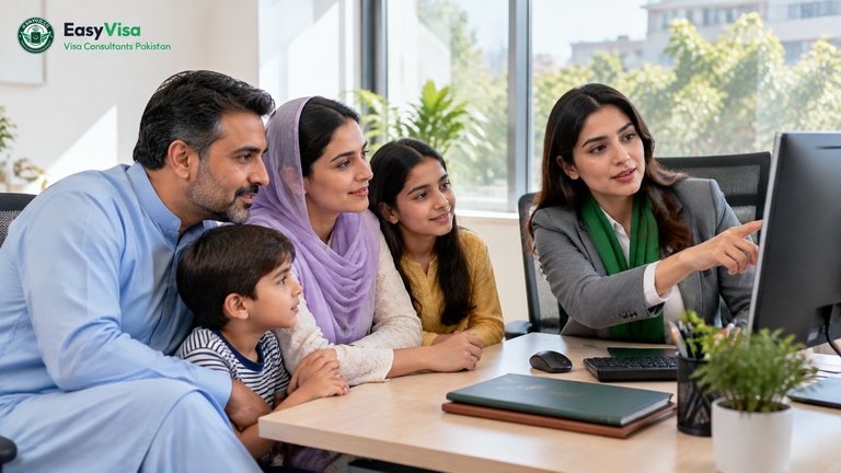 Easy Visa consultant in a bright Lahore office helping a Pakistani family of four review their Kenya eTA applications on a large monitor