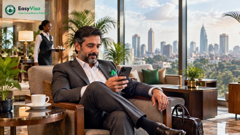 Pakistani businessman checking his Kenya eTA approval email on a phone in a Nairobi hotel lobby with the city skyline behind the glass