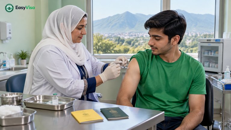 Nurse at a Pakistani vaccination centre giving a yellow fever injection to a young Pakistani traveller before a Kenya trip, with a yellow vaccination booklet on the table