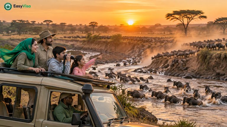 Pakistani family in a safari jeep with an open roof watching wildebeest crossing the Mara River in the Maasai Mara at golden hour