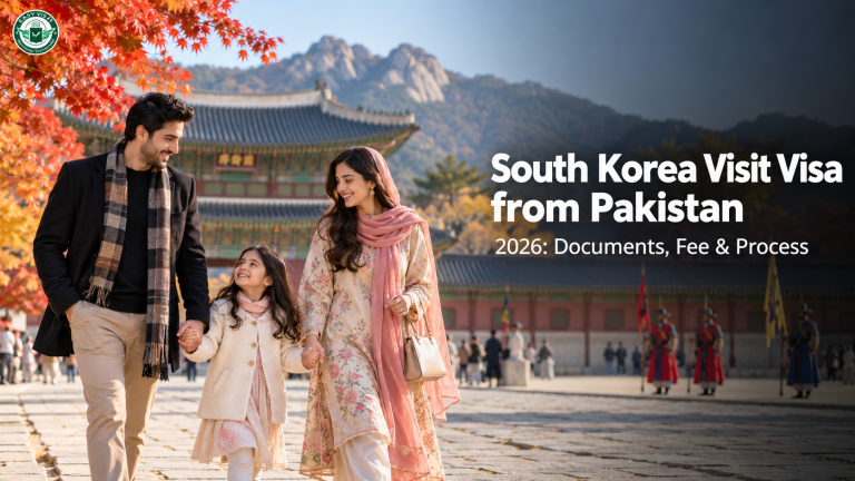 South Korea visit visa from Pakistan 2026: Pakistani family at Gyeongbokgung Palace in autumn