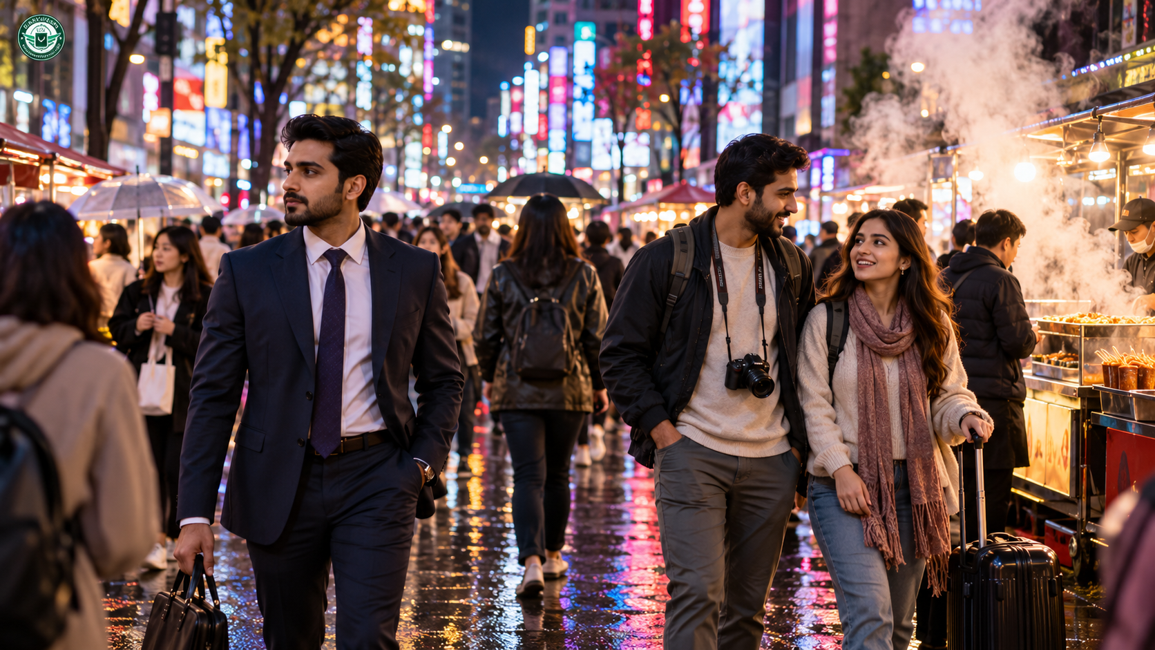 South Korea visa types for Pakistanis: business traveller and tourist couple in Myeongdong, Seoul at night