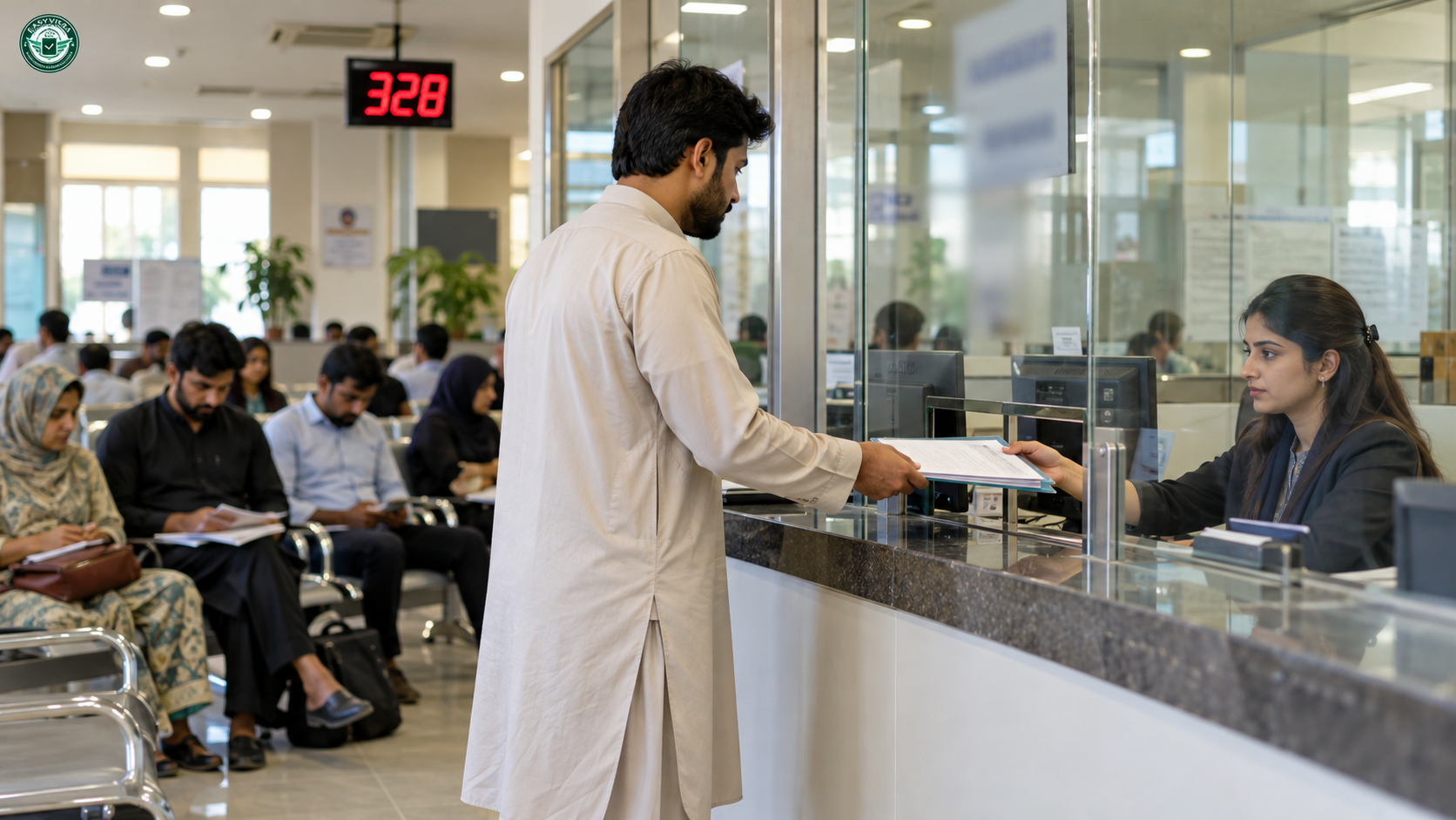 Pakistani applicant submitting a Korea visa file at a visa application counter in Islamabad