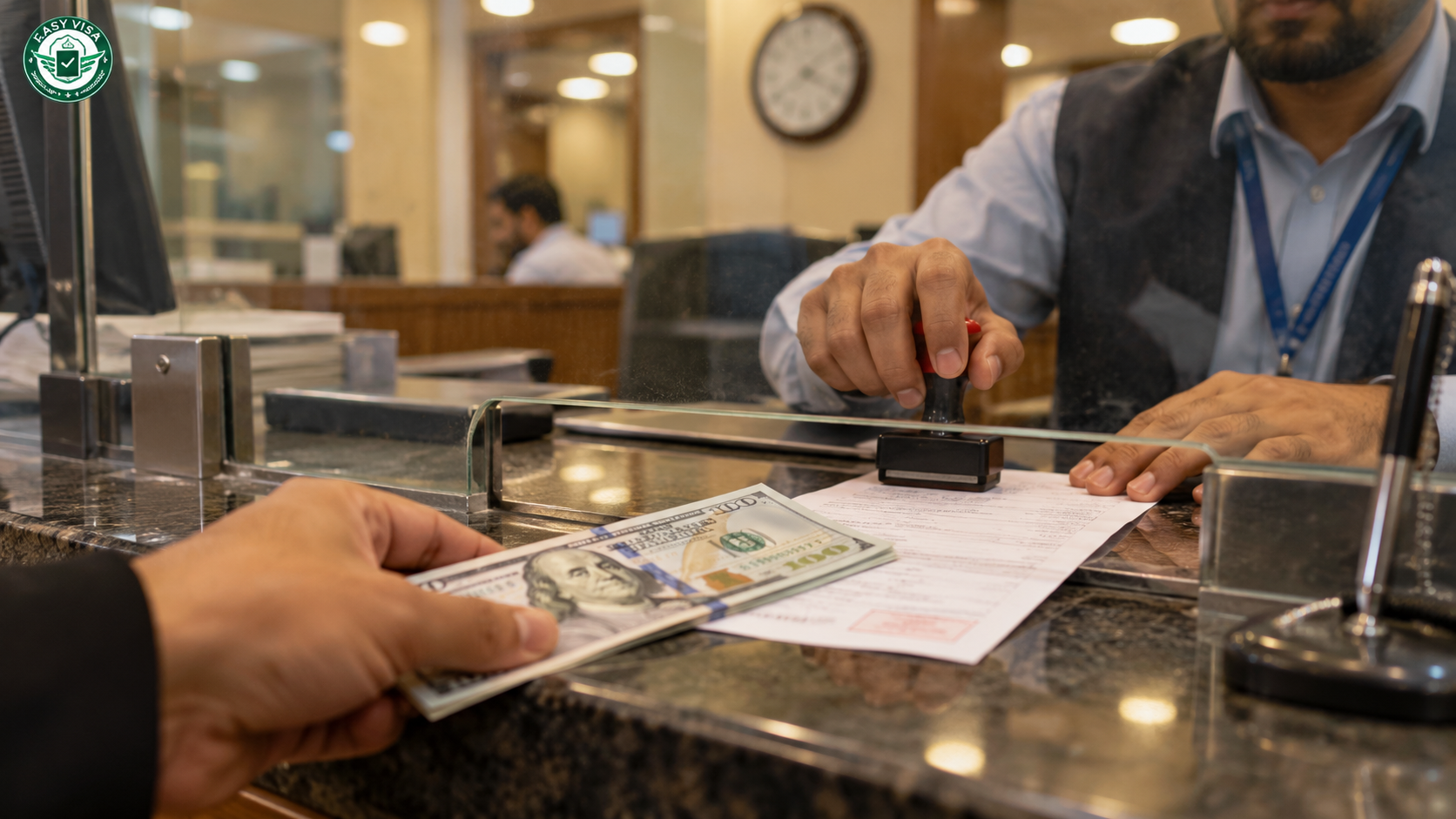 South Korea visa fee for Pakistanis: payment receipt being stamped at a bank counter