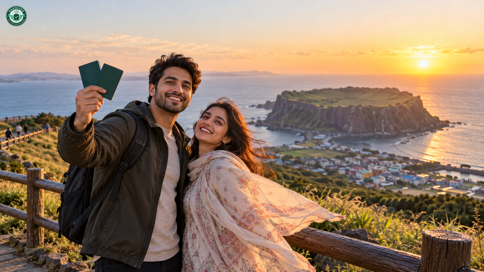 Pakistani couple with passports at Seongsan Ilchulbong, Jeju, after a South Korea visit visa approval
