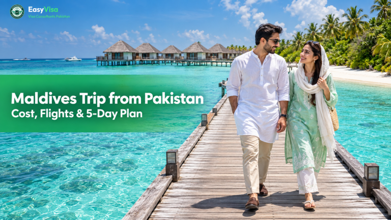 Maldives trip from Pakistan - Pakistani couple on a wooden jetty above a turquoise lagoon, cost, flights and 5-day plan