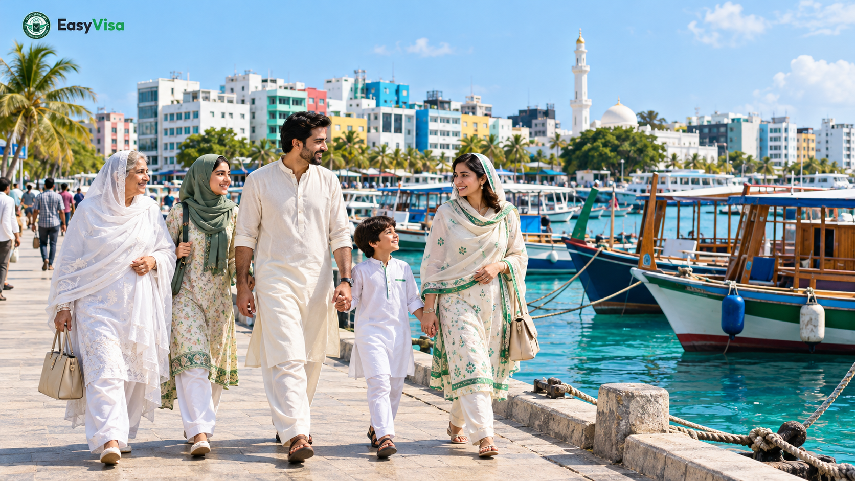 Pakistani family walking along the Male waterfront with traditional dhoni boats moored in the harbour, Maldives