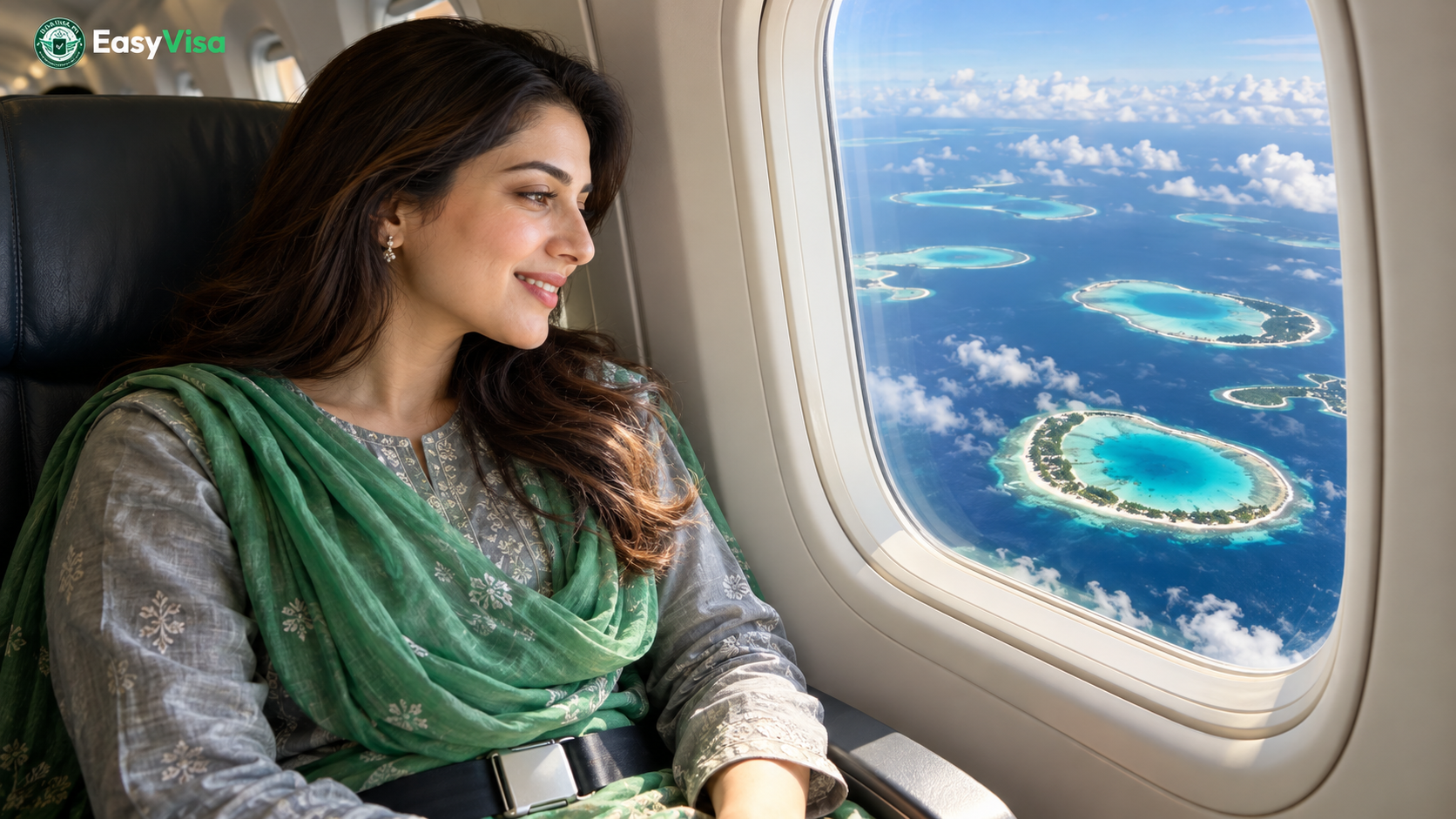 Pakistani woman looking out of an aircraft window at the turquoise atolls of the Maldives during the descent into Male