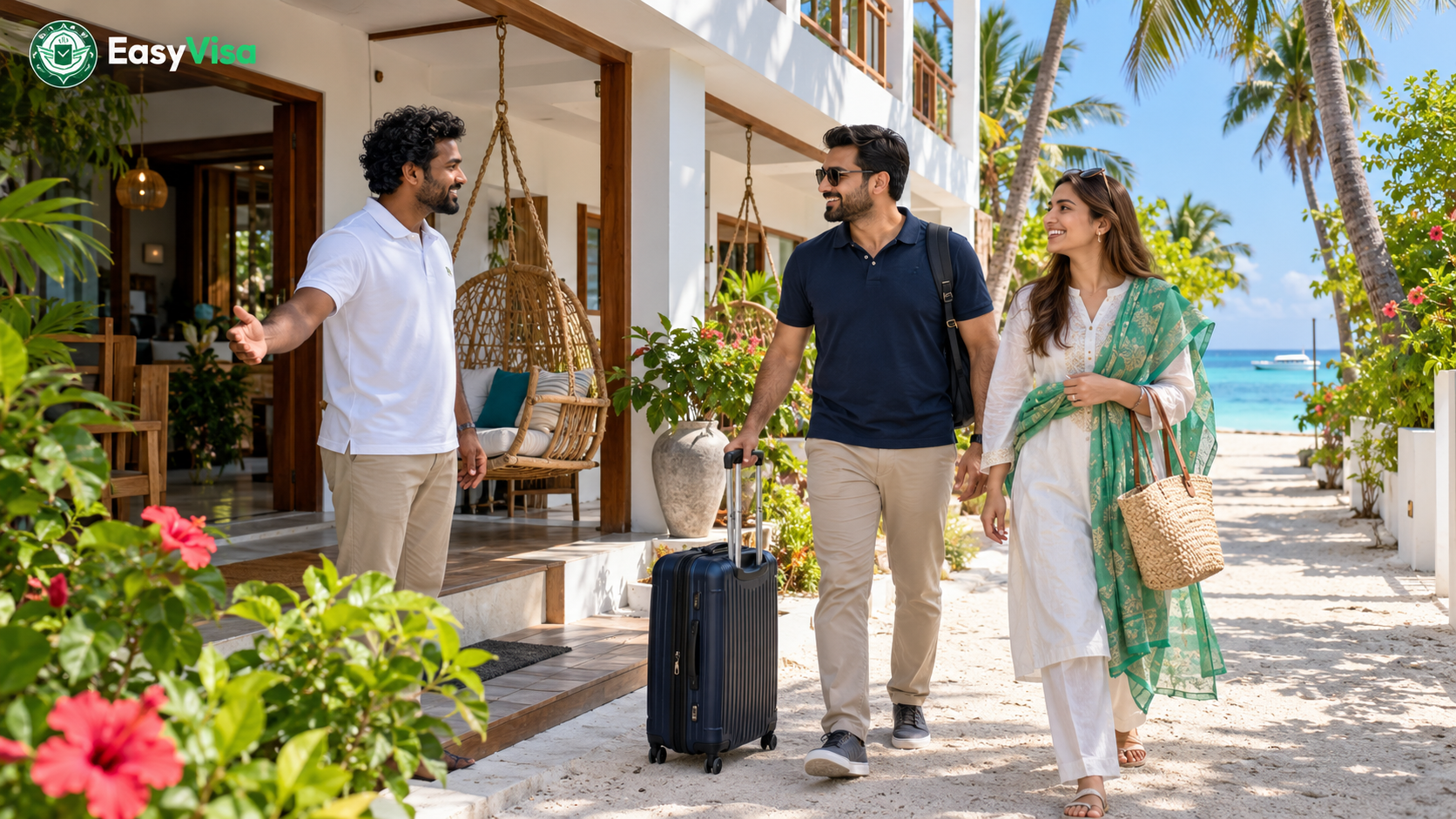 Pakistani couple welcomed at a small beachfront guesthouse on Maafushi island in the Maldives