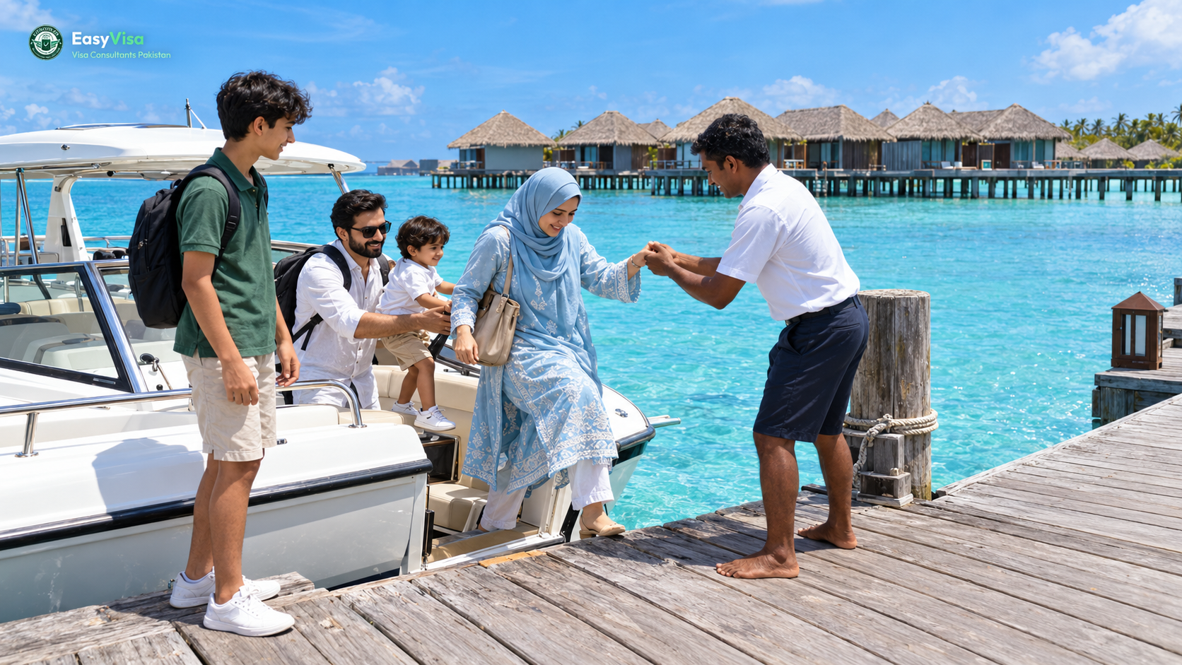 Pakistani family stepping onto a resort speedboat at a wooden jetty with overwater villas in the distance
