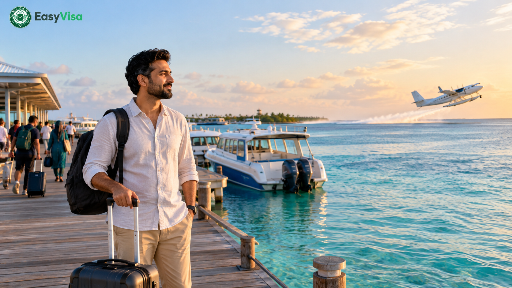 Pakistani traveller with luggage on the Velana airport waterfront in Male as a seaplane takes off in the distance