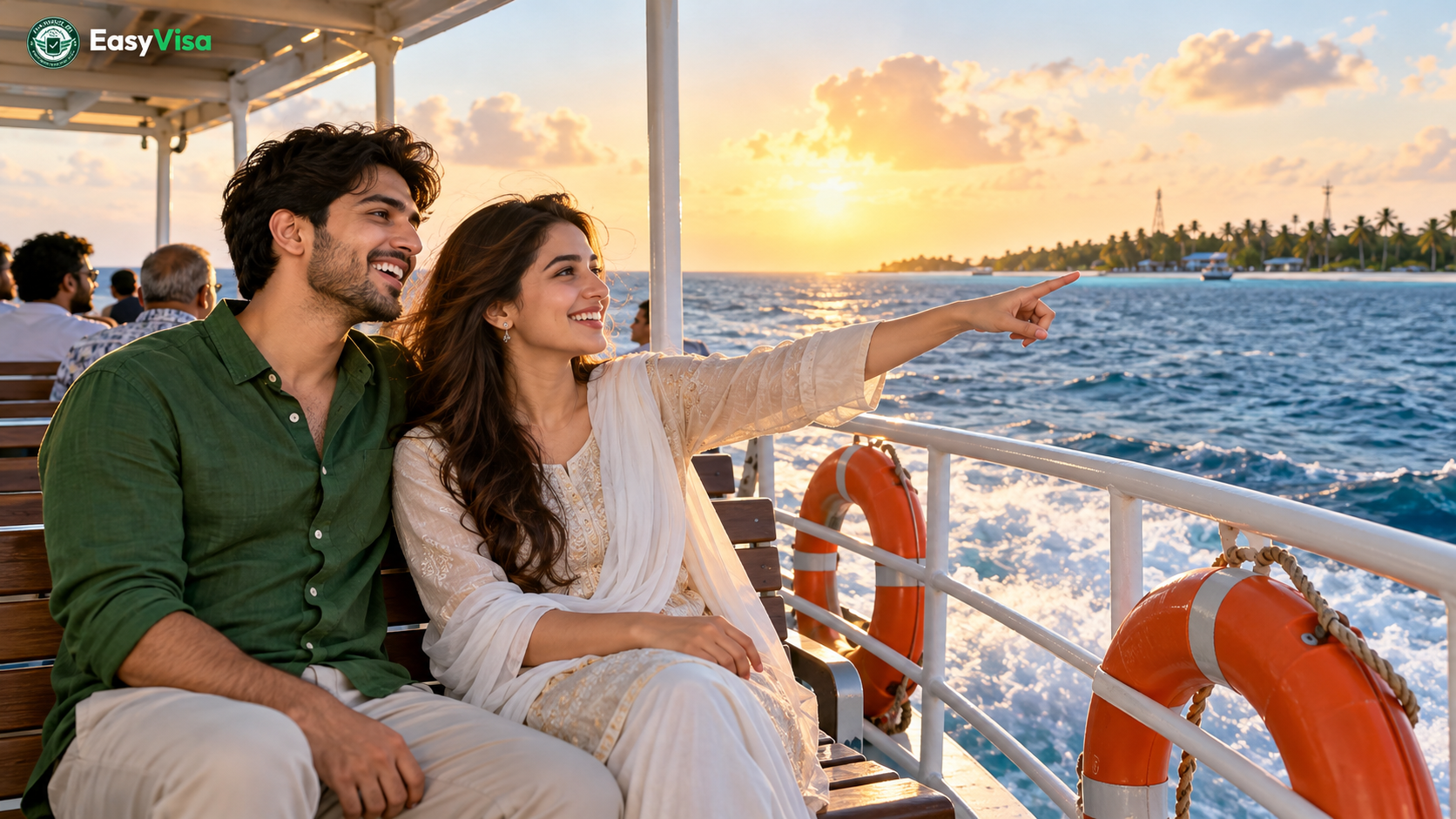 Pakistani couple sitting on the deck of a public ferry crossing between Male and a local island at golden hour