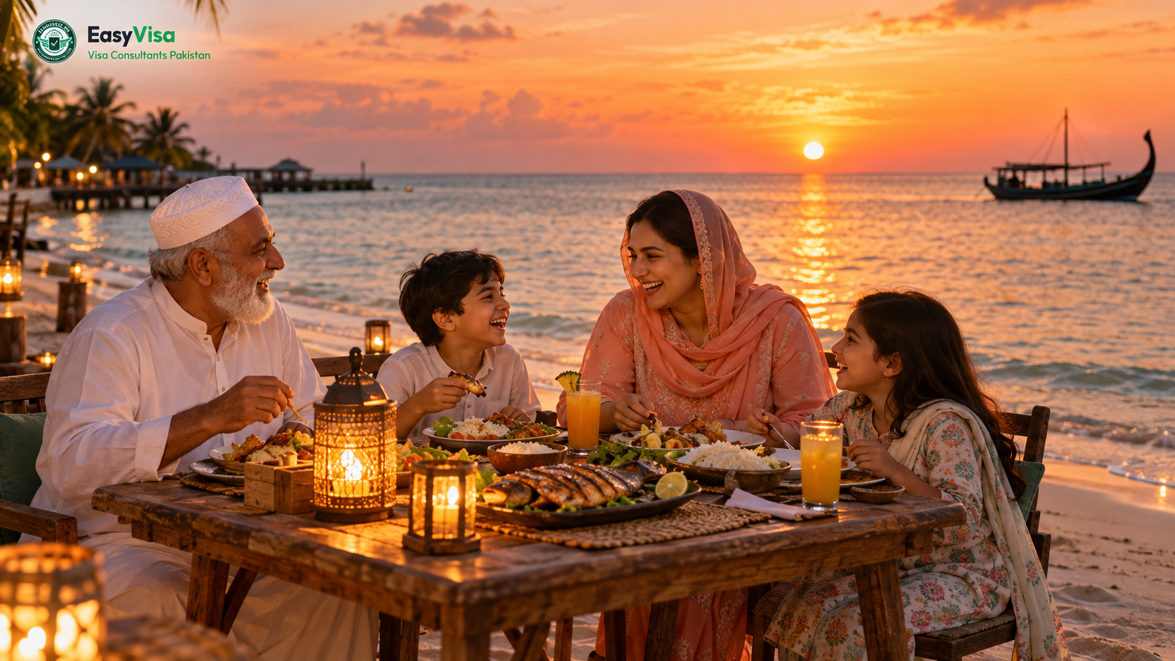 Pakistani family sharing a beachfront dinner at sunset on Maafushi island in the Maldives