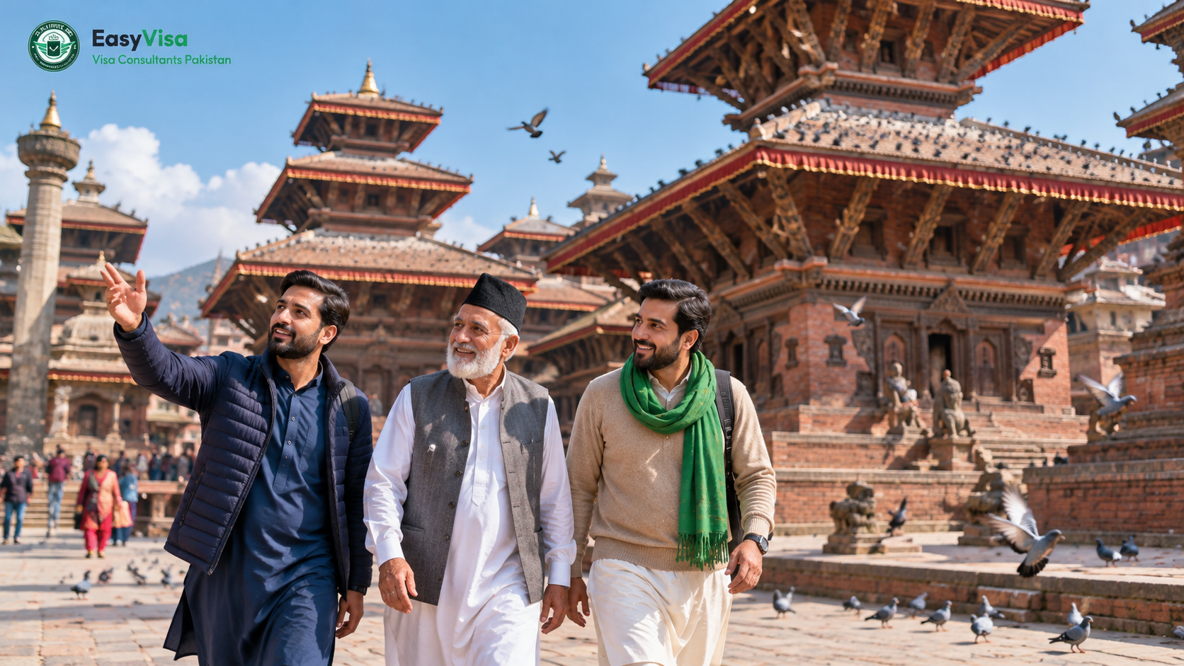 Pakistan to Nepal trip - Pakistani father in his sixties and his two adult sons walking through Kathmandu Durbar Square among pagoda temples