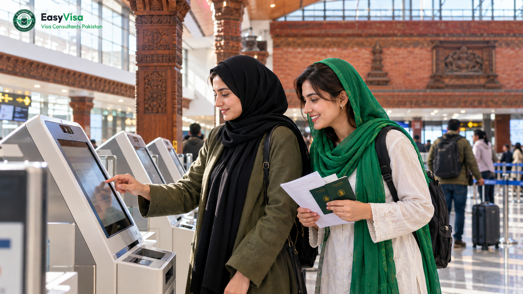 Pakistani woman and her younger sister using a self-service visa kiosk in the arrivals hall at Kathmandu airport